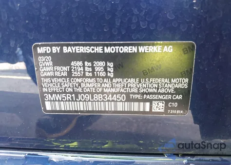 2020 BMW 330I из США, поврежденный, VIN 3MW5R1J09L8B34450